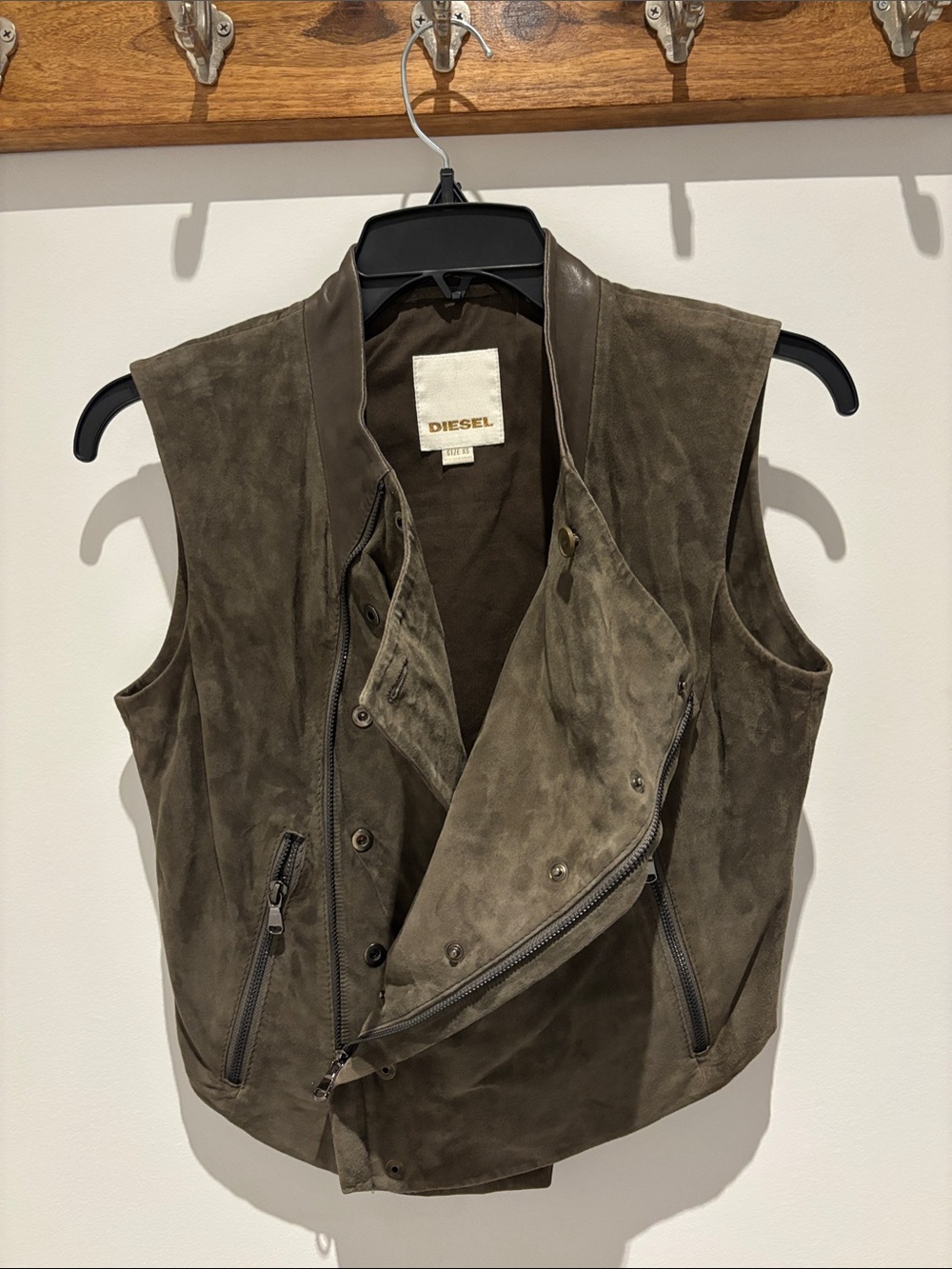 Diesel Olive Green Suede Sleeveless Zip Vest